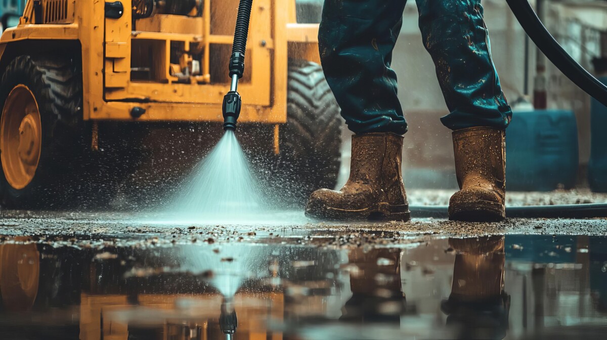 Worker cleaning surface with pressure washer, industrial setting, safety boots.
