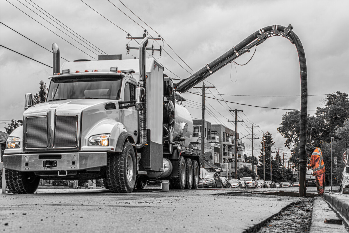 Hydrovac Truck, with person hydro excavating a line on the side of a city street.