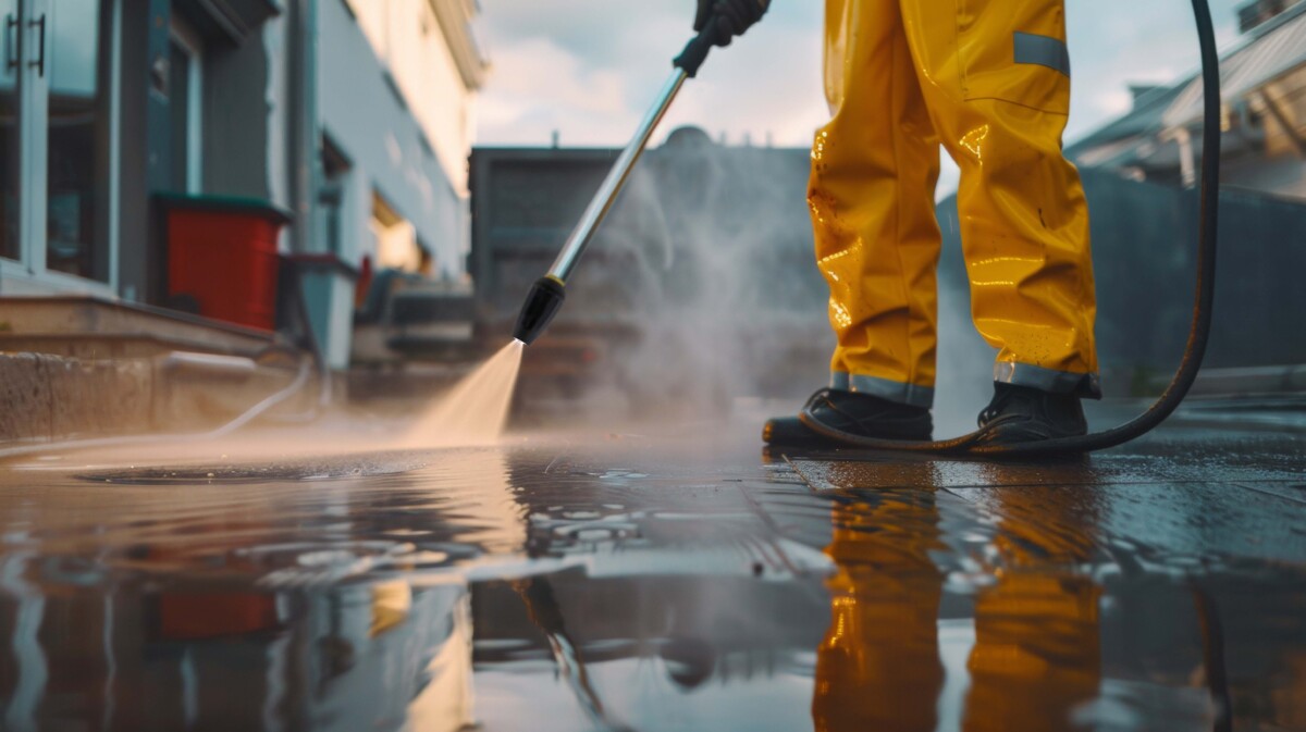 A person in a yellow rain suit spraying water onto a wet street with a high-pressure washer creating a misty effect.